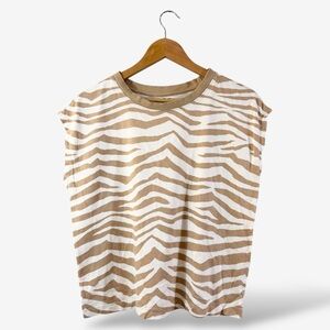 Loft Tan Zebra Print Sleeveless Tee Size S White T-Shirt Knit Casual Top